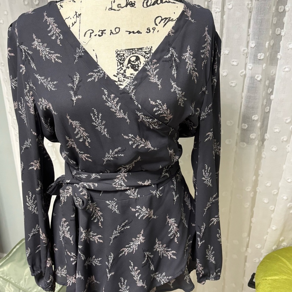 LOFT Black Floral Wrap Blouse